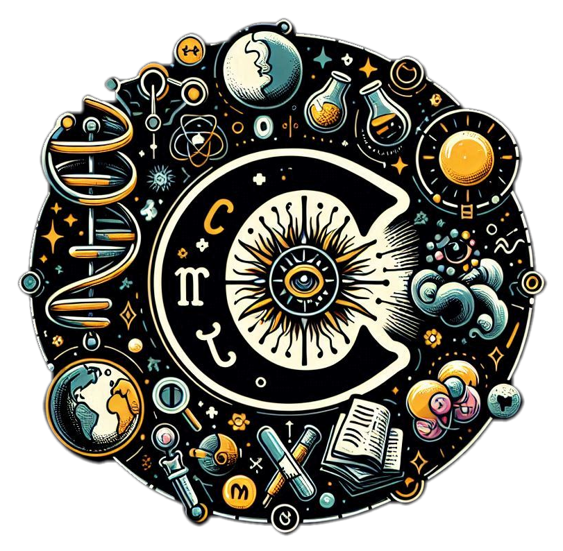 Circular emblem of scientific instruments around the letter C
