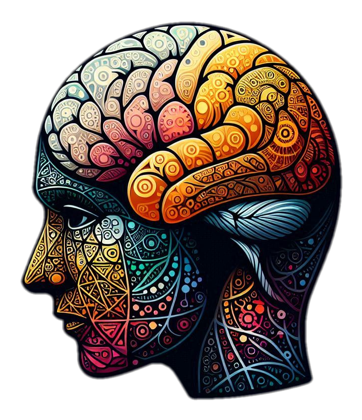 Illustrated profile of a human head with a patterned brain